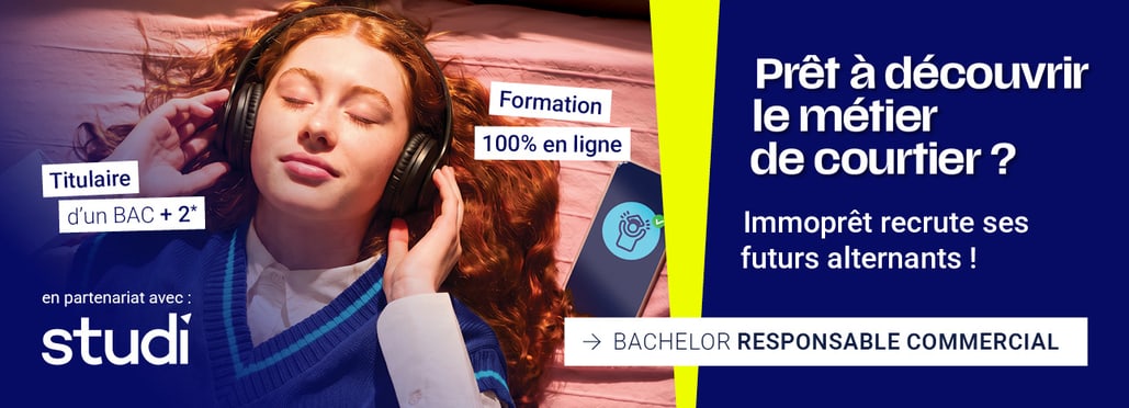 Prêt à découvrir le métier de courtier ? Immoprêt recrute ses futurs alternants : Bachelor Responsable Commercial, formation 100 % en ligne en partenariat avec Studi, accessible aux titulaires d’un Bac + 2.
